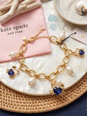 kate spade Gold “Claws Out” Sapphire Blue Cubic Zirconia Crab Charm Bracelet 🦀